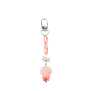 Creative pink spiral lollipop keychain with pearl bow and metal clasp on white background
