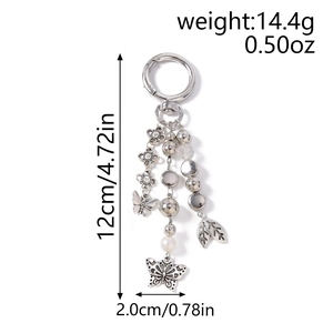 Detailed size map of silver butterfly keychain with bead leaf charms and dimensions
