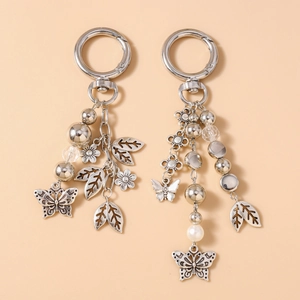 Vintage Silver Butterfly Leaf Flower Keychain With Beads Faux Artificial Pearl Pendant Boho Bag Charm For Women Fashion Jewelry