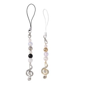 Fashionable pearl beaded phone charms with rhinestone music notes in gold and silver finish