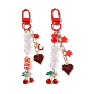 Beaded cherry star keychain with red heart charm for handbags and purses stylish accessory