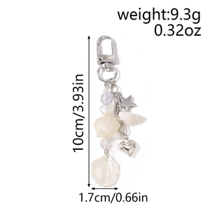 Beaded heart and shell keychain size chart showing 10cm height and 9.3g weight