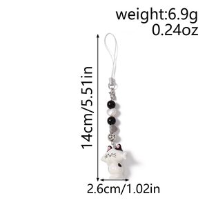 Detailed dimensions and weight of the beaded cat phone strap with lucky cat charm