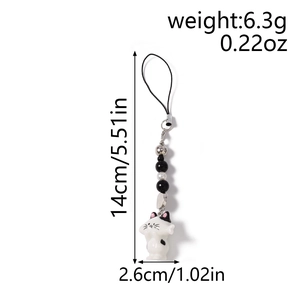 Detail view of cat phone charm showing dimensions 14cm length and 6.3g weight