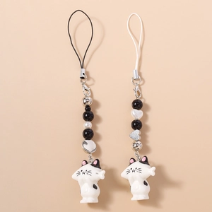 Kawaii Beaded Cat Phone Lanyard Resin Cartoon Animal Lucky Cat Heart Pendant Phone Chain Bag Charm Keychain For Women