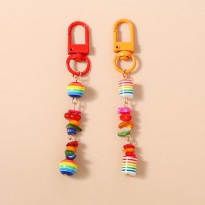 Bohemian Colorful Rainbow Beaded Keychain Striped Resin Beads Artificial Turquoise Bag Charm Zinc Alloy Key Ring For Women