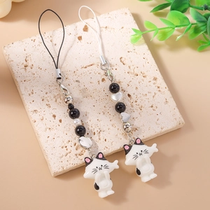 Fashionable beaded cat phone charms with heart accents and silver bells for women