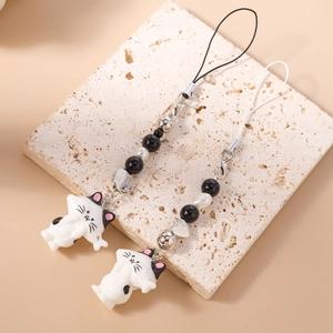 Fashionable beaded cat phone strap with resin kitty charm and stylish pearl beads
