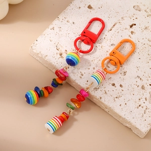 Rainbow striped resin beads and colorful turquoise stone keychain with metal lobster clasp