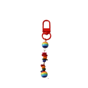 Rainbow striped beaded keychain with vibrant stones and red metal lobster clasp