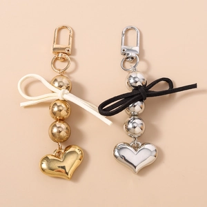 Portachiavi in Perline di Resina alla Moda Ciondolo a Cuore Con Fiocco in Velluto Accessorio per Borsa da Donna Regalo Oro Argento