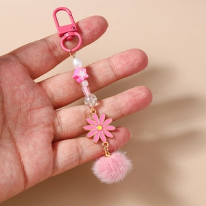 Porte-clés en peluche rose avec perles étoiles et pendentif fleur pour sacs à main