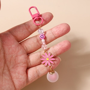 Porte-clés à fleurs roses avec perles et boule en peluche pour décoration de sac à main