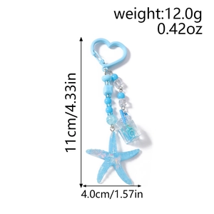 Blue ocean style keychain with starfish and beverage charm, size detail 11cm by 4cm