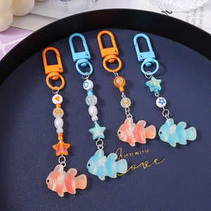 Marine themed beaded keychain set with colorful resin goldfish stars and hearts