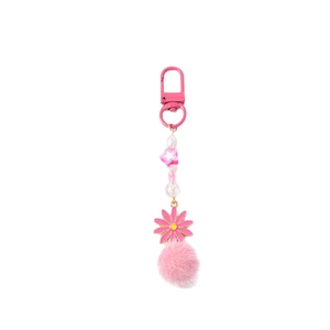 Porte-clés rose avec perles, étoile, fleur émaillée et pompon en fausse fourrure douce