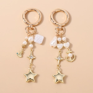 Porte-clés en Alliage Doré Fausse Künstliche Perle Ancre Étoile Pendentif de Sac Nautique Cadeau Accessoires Femme