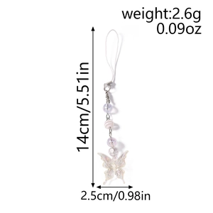 Detail showing dimensions of purple butterfly beaded phone strap with 14cm length