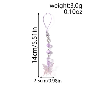 Detail showing purple butterfly beaded phone strap dimensions with length and width markers
