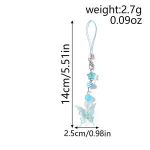 Detailed size specifications of blue beaded butterfly phone strap with 14cm length