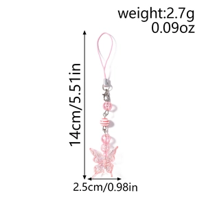 Detailed view of pink butterfly phone strap with exact dimensions and light bead accents