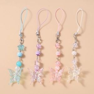 4-Piece Set Butterfly Beaded Phone Charms Colorful Acrylic Star Beads Handmade Mobile Straps Lanyard For Women Girls Gift
