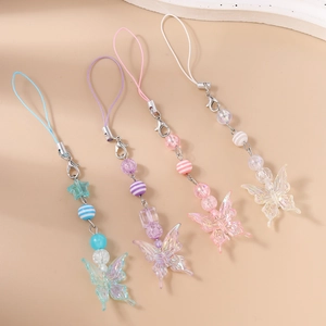 Chic butterfly beaded phone charms in blue, purple, pink, and white acrylic beads