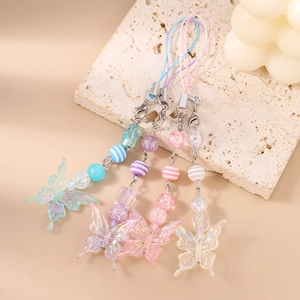 Detail of four colorful beaded phone straps with translucent butterfly charms and metal clasps