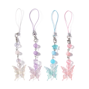 Chic butterfly beaded phone charms in white, purple, blue and pink with metal lobster clasps