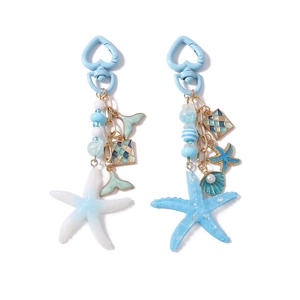 Fashionable ocean theme keychain set with blue starfish shell beads and heart clasp