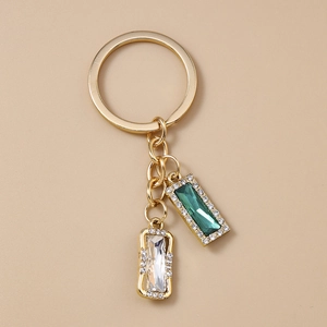 Fashionable gold square rhinestone keychain with emerald and crystal emerald-cut pendants