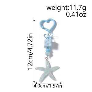 Detailed size specifications for the blue star keychain with heart clasp and beads