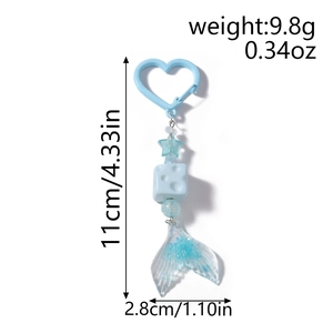 Blue mermaid-style keychain with heart ring and starfish bead, detailed size dimensions