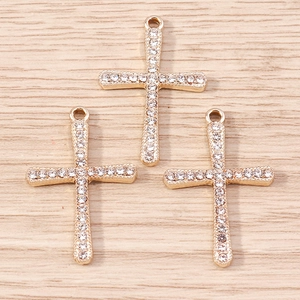 Three gold-plated cross pendants with inlaid rhinestones for DIY jewelry making