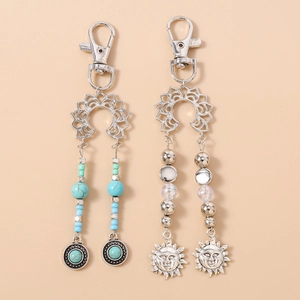 Porte-clés en Alliage de Zinc Bohème Vintage Pendentif Soleil Fleur Perles Turquoise Artificielle Accessoire Sac Style Ethnique