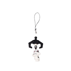Creative white cat phone charm with a black claw hook and striped bead accessory