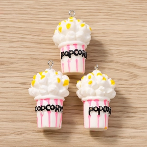 Trois breloques seau à pop-corn 3D avec boucles en métal pour la création de bijoux