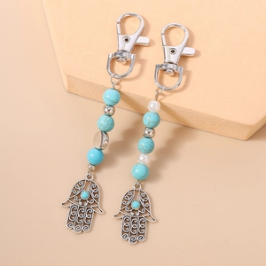 Boho Hamsa Hand Türkis Perlen Schlüsselanhänger mit Metall Karabinerverschluss im 2er Set