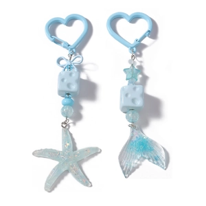 Light blue starfish and fishtail keychains with glitter resin and heart charms