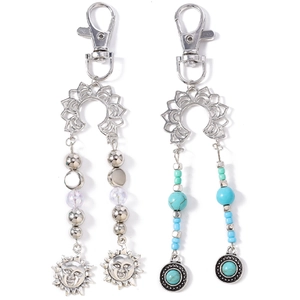 Porte-clés bohème en perles de turquoise avec pendentifs soleil et fleur en alliage