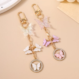 Chic butterfly beaded keychain with rhinestones and gold ring pendant for handbags