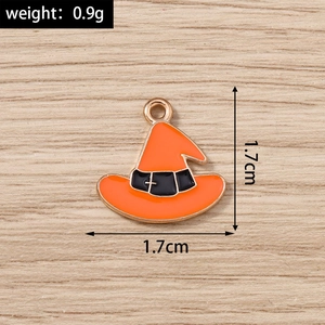Detail view of 1.7cm orange enamel witch hat pendant showing dimensions and 0.9g weight
