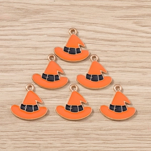 Halloween orange witch hat charms with gold trim and black ribbon for DIY jewelry making