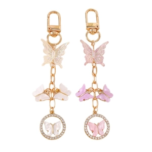 Fashionable beaded butterfly keychain with rhinestones and gold alloy hardware on white back