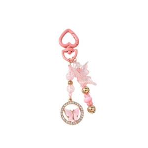 Porte-clés papillon rose avec fermoir cœur et perles pour décoration de sac