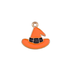Halloween witch hat enamel charms in orange and black for DIY jewelry making