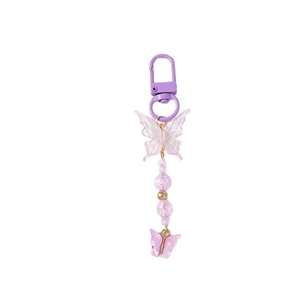 Fashionable purple butterfly keychain with beaded design and metal D-ring for bags