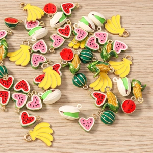 DIY colorful alloy fruit pendants including banana, watermelon and corn for jewelry making