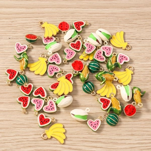 5Pcs mixed fruit and vegetable enamel charms including banana corn and watermelon pendants