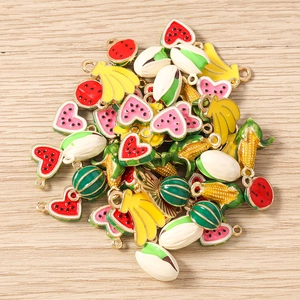 Mix of colorful enamel fruit charms including banana and watermelon for DIY jewelry making